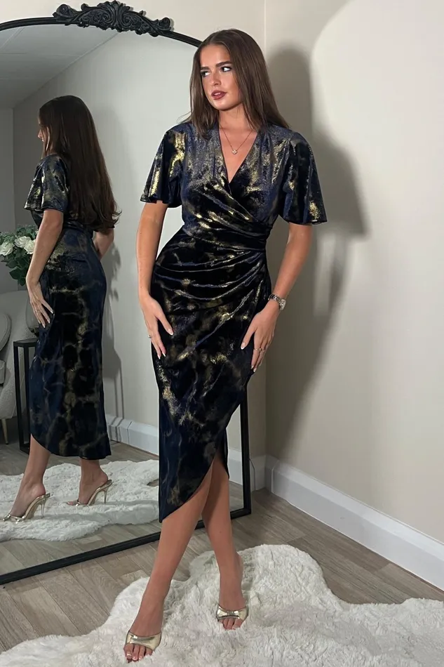 Natasha Angel Sleeve Wrap Midi Dress In Navy And Gold Velvet Women Girl In Mind Bodycon Dresses Natasha Angel Sleeve Wrap Midi Dress In Navy And Gold Velvet Women Girl In Mind Bodycon Dresses