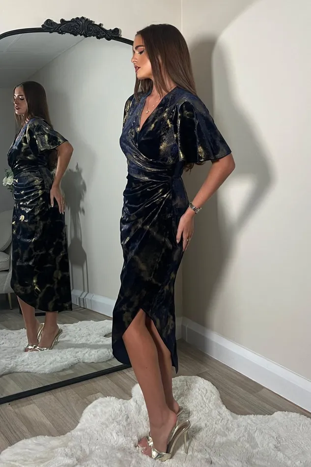 Natasha Angel Sleeve Wrap Midi Dress In Navy And Gold Velvet Women Girl In Mind Bodycon Dresses