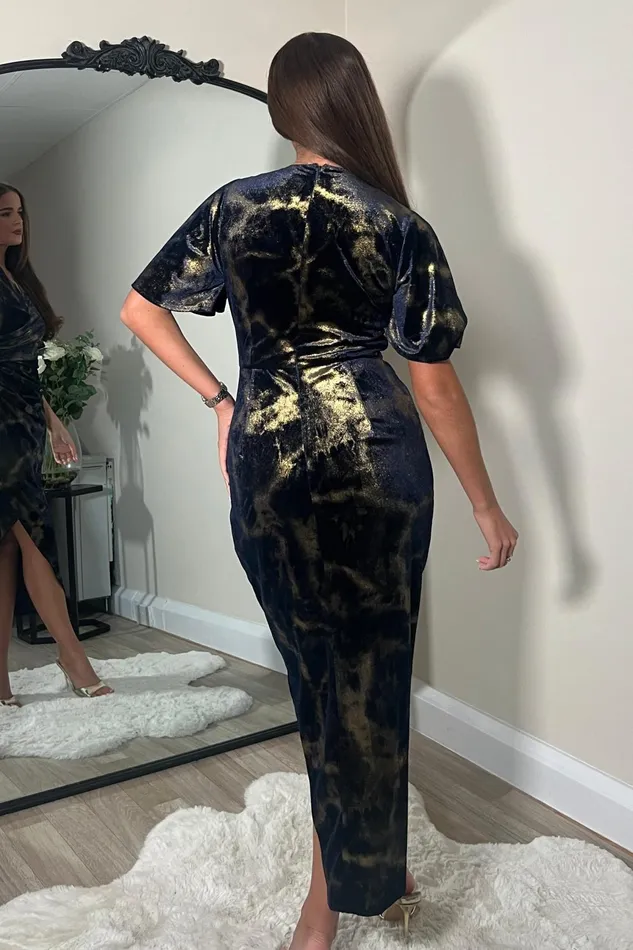 Natasha Angel Sleeve Wrap Midi Dress In Navy And Gold Velvet Women Girl In Mind Bodycon Dresses