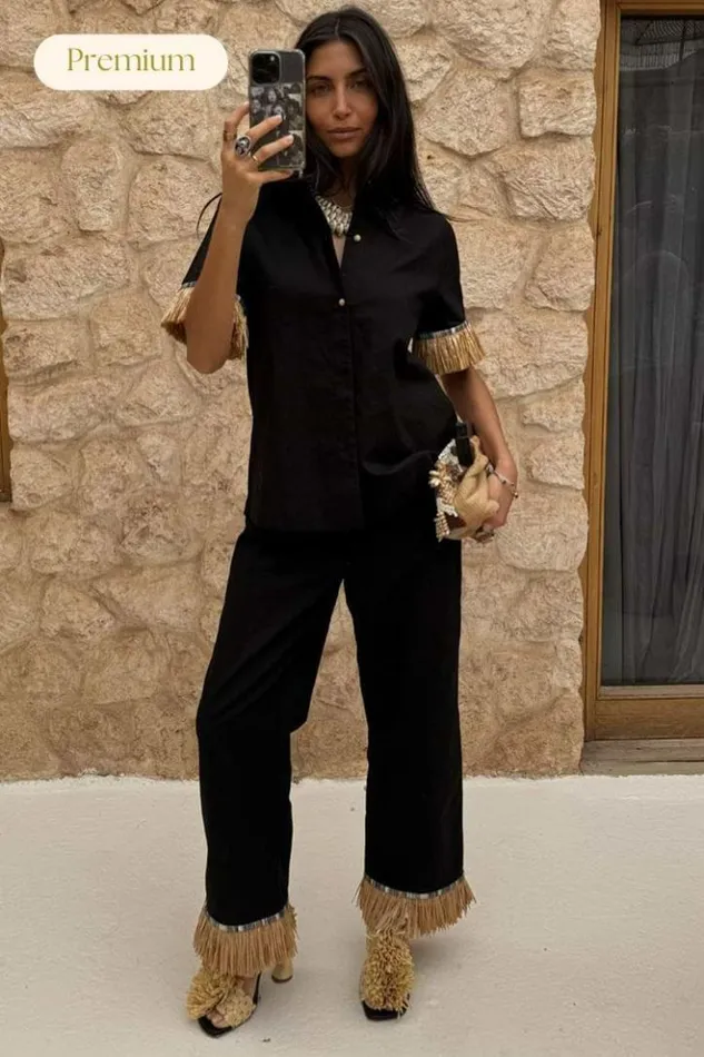 Never Fully Dressed Black Raffia Marra Trousers Women Trousers and Shorts