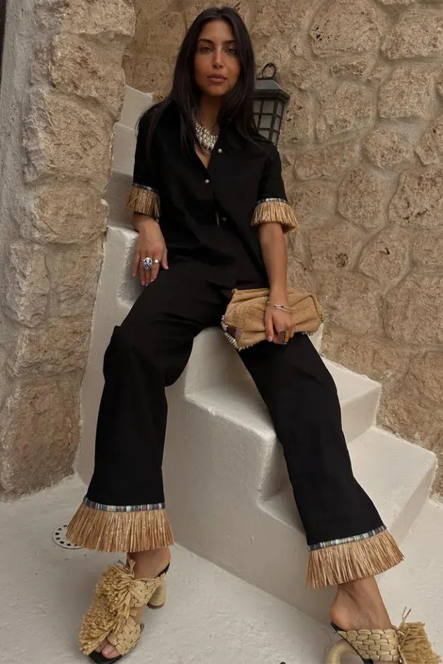 Never Fully Dressed Black Raffia Marra Trousers Women Trousers and Shorts