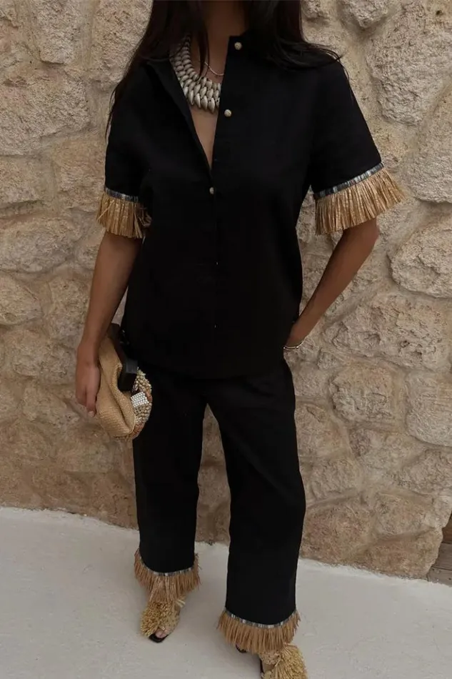 Never Fully Dressed Black Raffia Marra Trousers Women Trousers and Shorts