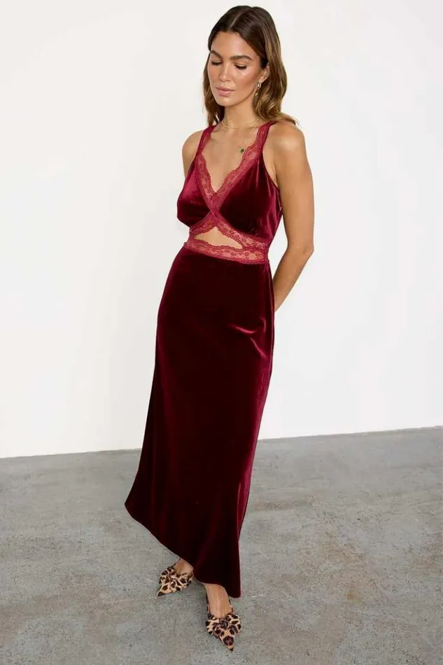 Never Fully Dressed Burgundy Velvet Mimi Dress Women Midi