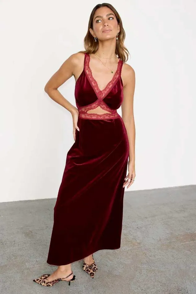 Never Fully Dressed Burgundy Velvet Mimi Dress Women Midi