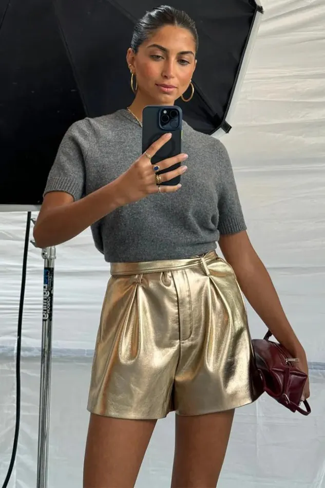 Never Fully Dressed Gold Vegan Leather Shorts Women Vegan Leather