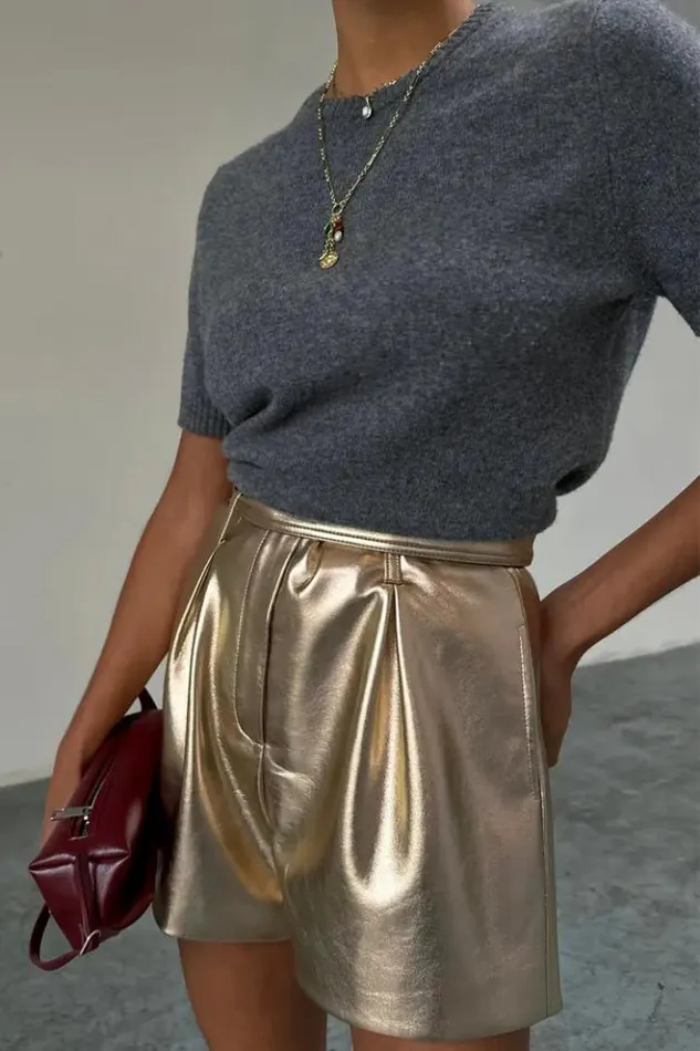 Never Fully Dressed Gold Vegan Leather Shorts Women Vegan Leather