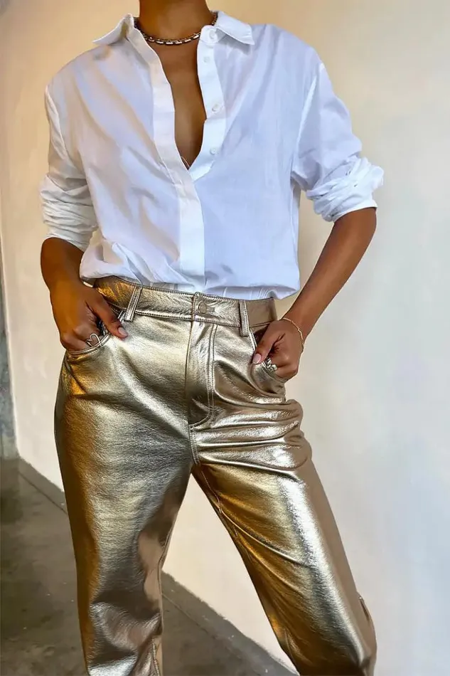 Never Fully Dressed Gold Vegan Leather Trouser Women Vegan Leather