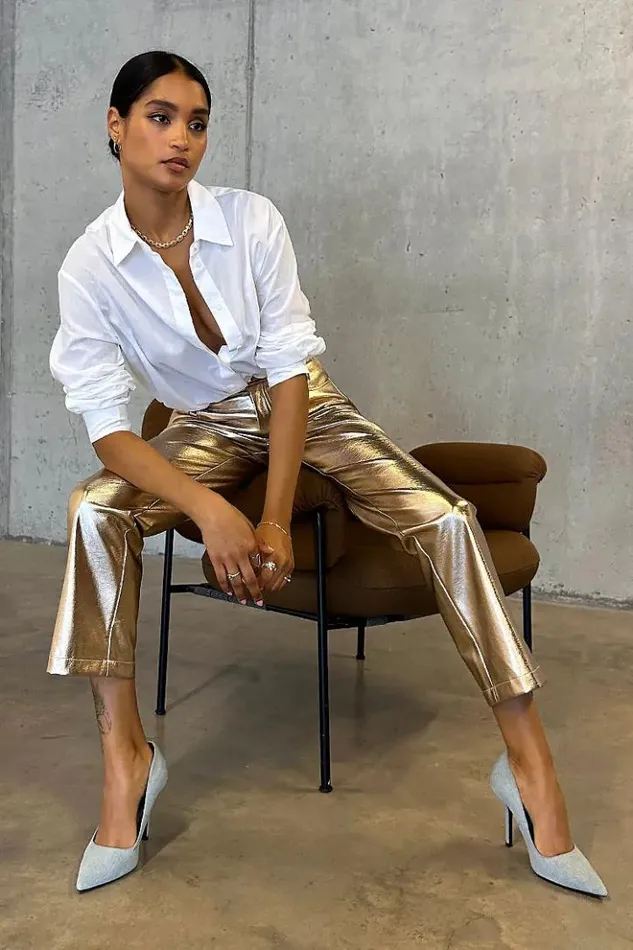 Never Fully Dressed Gold Vegan Leather Trouser Women Vegan Leather