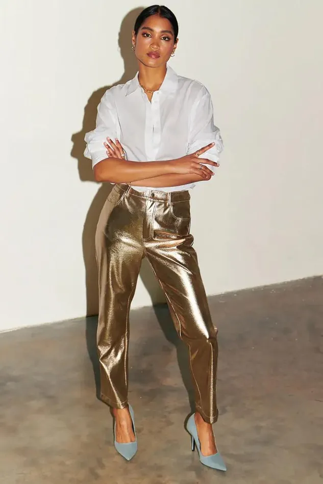 Never Fully Dressed Gold Vegan Leather Trouser Women Vegan Leather