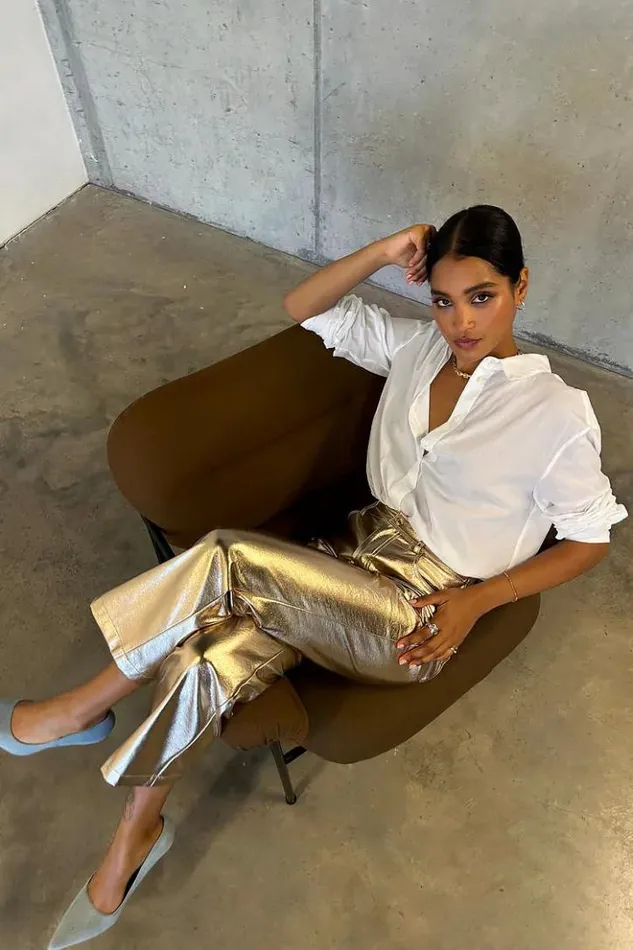 Never Fully Dressed Gold Vegan Leather Trouser Women Vegan Leather