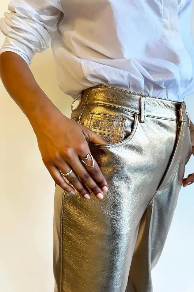 Never Fully Dressed Gold Vegan Leather Trouser Women Vegan Leather