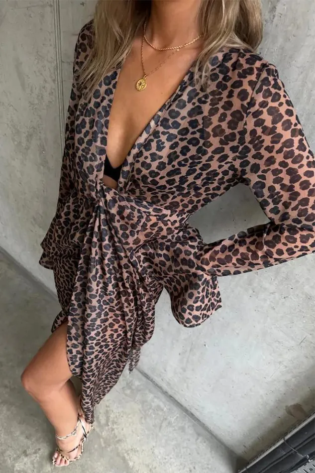 Never Fully Dressed Leopard Lucia Sheer Wrap Dress Women Leopard Print