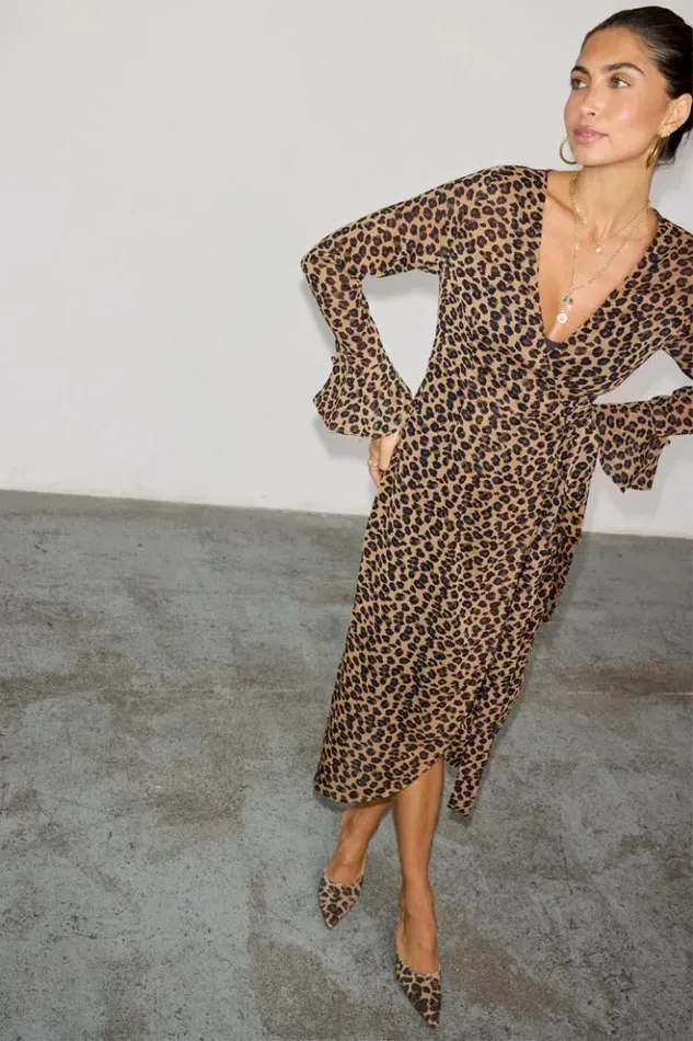 Never Fully Dressed Leopard Lucia Sheer Wrap Dress Women Leopard Print