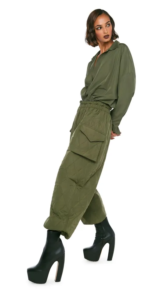Norma Kamali Bottoms QUILTED OVERSIZED CARGO PANT Military 8211 Clothing