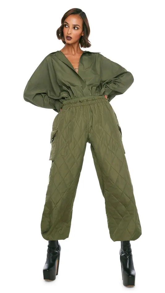 Norma Kamali Bottoms QUILTED OVERSIZED CARGO PANT Military 8211 Clothing