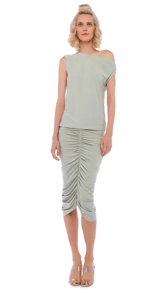 Norma Kamali Bottoms SHIRRED SKIRT TO KNEE Dried Sage 8211 Clothing