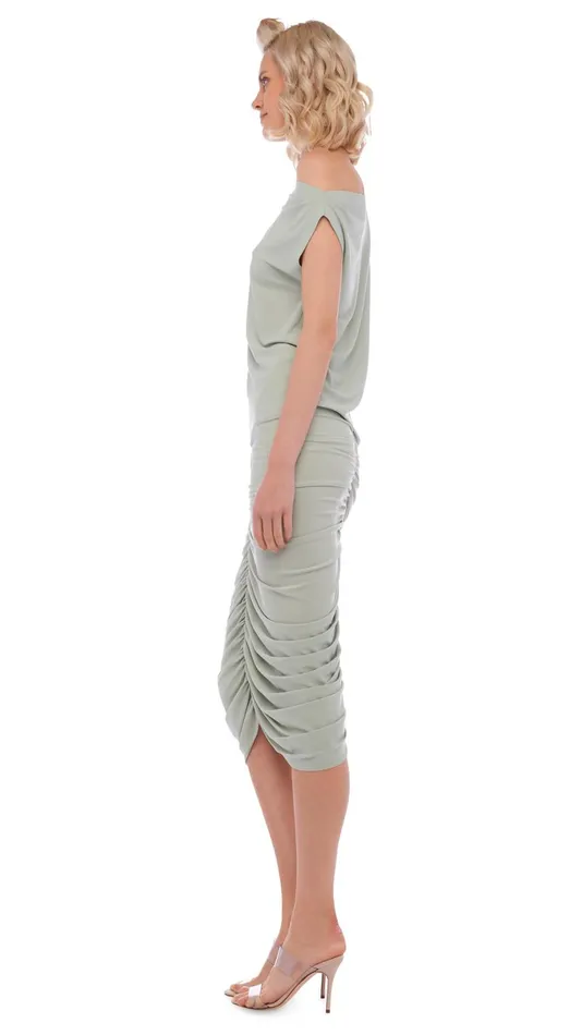 Norma Kamali Bottoms SHIRRED SKIRT TO KNEE Dried Sage 8211 Clothing