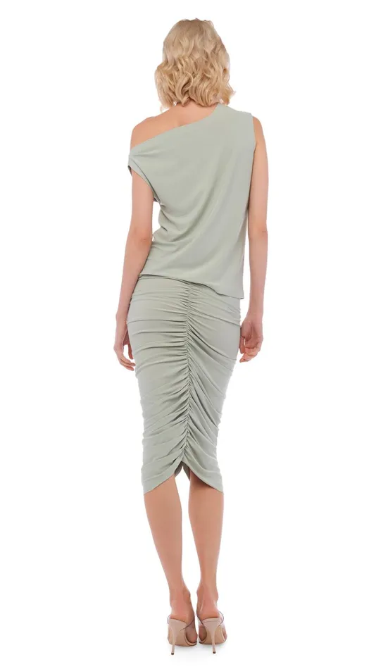 Norma Kamali Bottoms SHIRRED SKIRT TO KNEE Dried Sage 8211 Clothing
