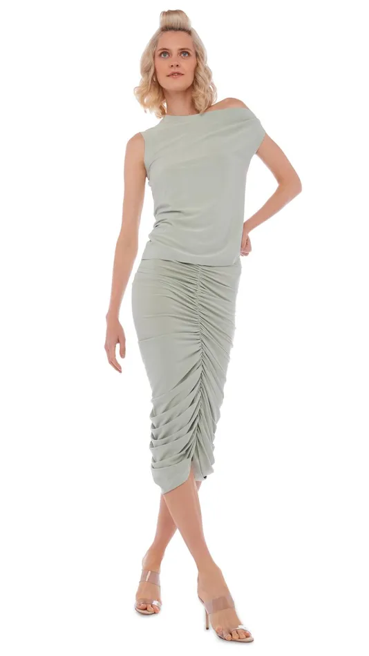Norma Kamali Bottoms SHIRRED SKIRT TO KNEE Dried Sage 8211 Clothing