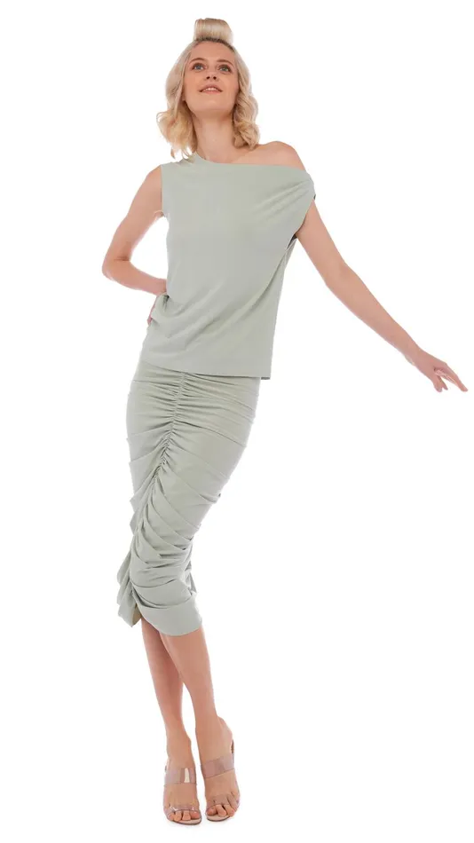 Norma Kamali Bottoms SHIRRED SKIRT TO KNEE Dried Sage 8211 Clothing