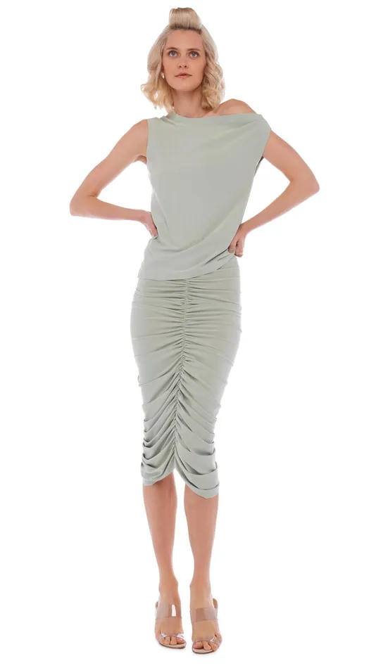 Norma Kamali Bottoms SHIRRED SKIRT TO KNEE Dried Sage 8211 Clothing