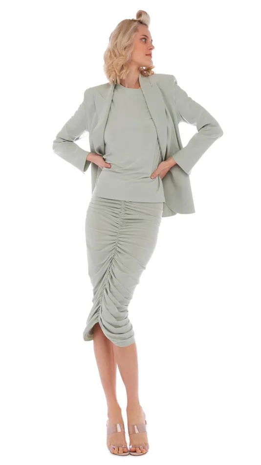 Norma Kamali Bottoms SHIRRED SKIRT TO KNEE Dried Sage 8211 Clothing