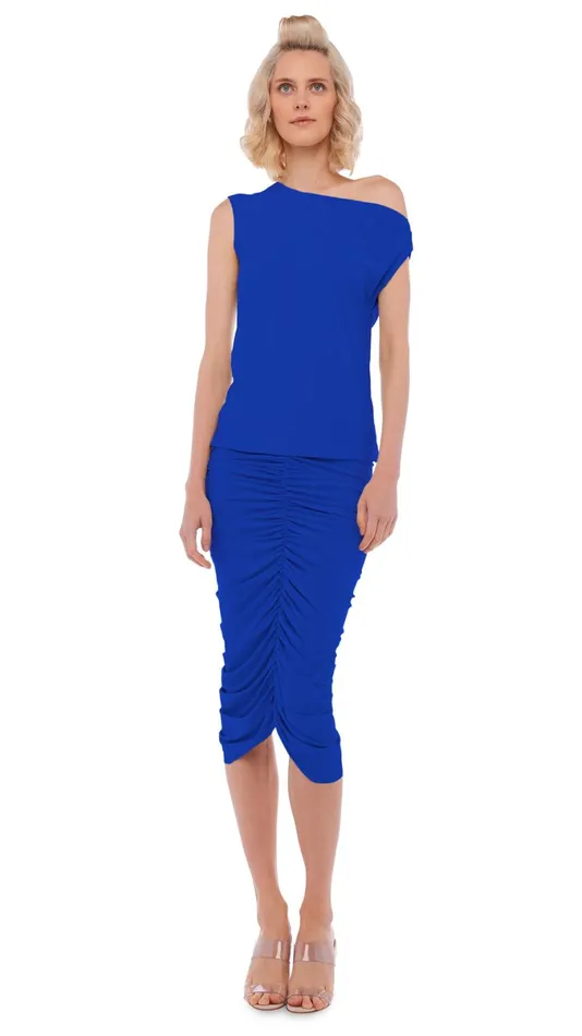 Norma Kamali Bottoms SHIRRED SKIRT TO KNEE Electric Blue 8211 Clothing