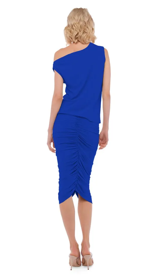 Norma Kamali Bottoms SHIRRED SKIRT TO KNEE Electric Blue 8211 Clothing