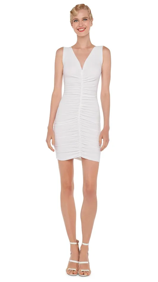 Norma Kamali Dresses SLEEVELESS DEEP V SHIRRED FRONT MINI Snow White 8211 Clothing