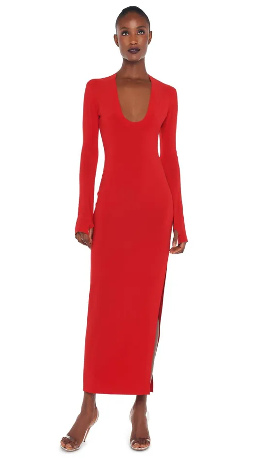 Norma Kamali Dresses U NECK SIDE SLIT GOWN Tiger Red 8211 Clothing