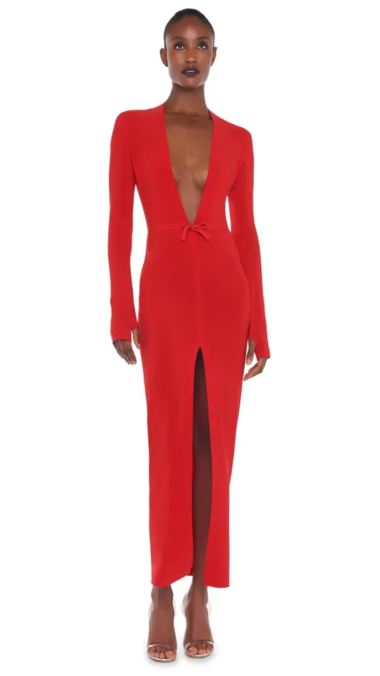 Norma Kamali Dresses V NECK CENTER FRONT SLIT GOWN Tiger Red 8211 Clothing