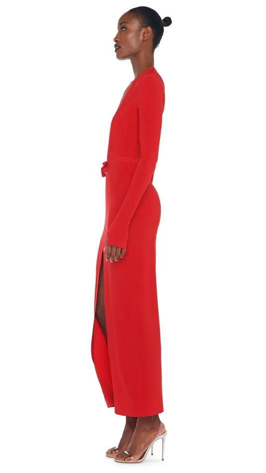 Norma Kamali Dresses V NECK CENTER FRONT SLIT GOWN Tiger Red 8211 Clothing
