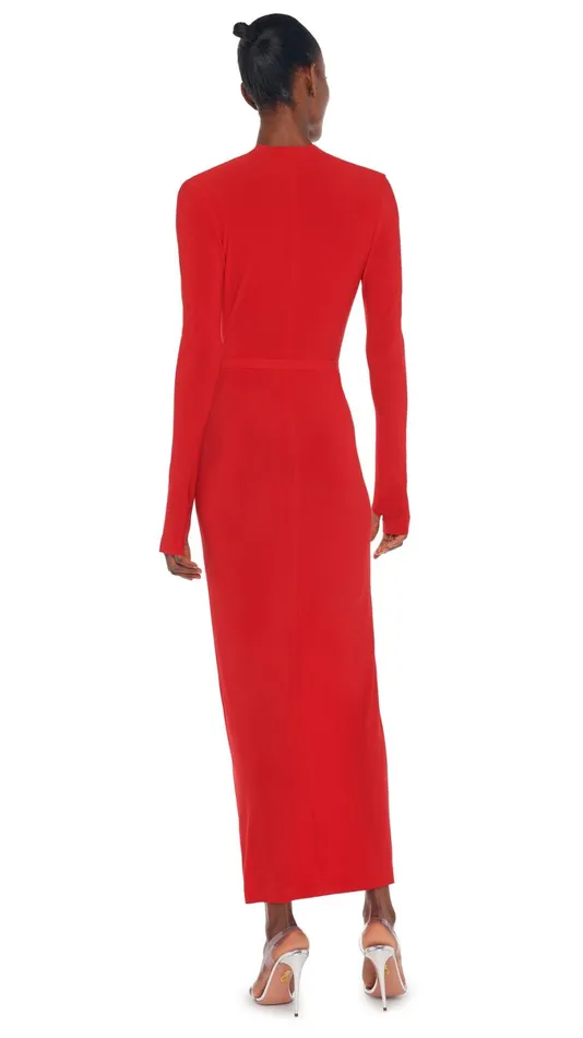 Norma Kamali Dresses V NECK CENTER FRONT SLIT GOWN Tiger Red 8211 Clothing