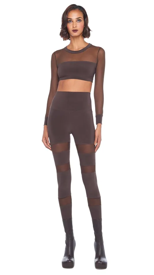 Norma Kamali Tops CREWNECK BANDED MIDRIFF TOP Chocolatechocolate Mesh 8211 Clothing