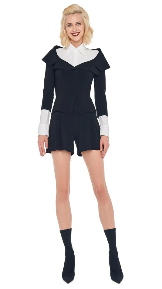 Norma Kamali Wardrobe ELEPHANT PLEAT SHORT With OFF SHOULDER SINGLE BREASTED JACKET 8211 Clothing Norma Kamali Wardrobe ELEPHANT PLEAT SHORT With OFF SHOULDER SINGLE BREASTED JACKET 8211 Clothing