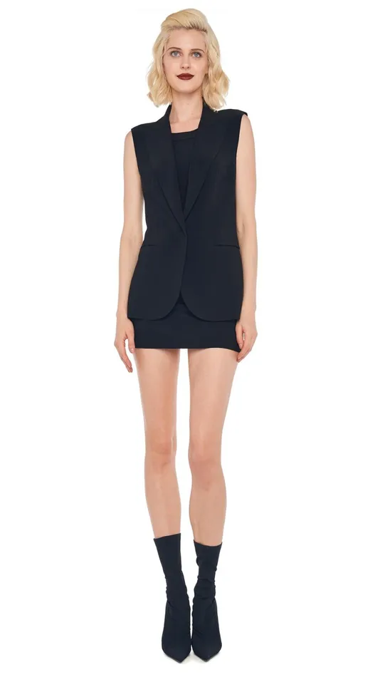 Norma Kamali Wardrobe SLEEVELESS PICKLEBALL MINI DRESS With SLEEVELESS SINGLE BREASTED JACKET 8211 Clothing Norma Kamali Wardrobe SLEEVELESS PICKLEBALL MINI DRESS With SLEEVELESS SINGLE BREASTED JACKET 8211 Clothing