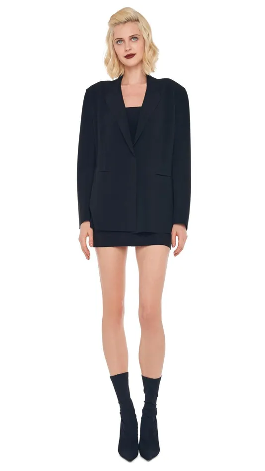 Norma Kamali Wardrobe STRAPLESS PICKLEBALL MINI DRESS With EASY FIT SINGLE BREASTED JACKET 8211 Clothing Norma Kamali Wardrobe STRAPLESS PICKLEBALL MINI DRESS With EASY FIT SINGLE BREASTED JACKET 8211 Clothing