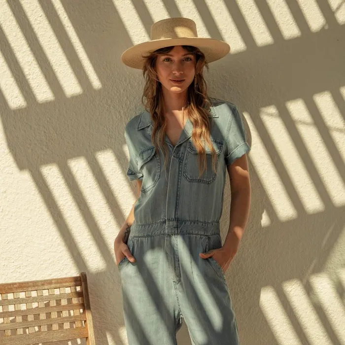 Notch Collar Jumpsuit Blue Women Stetson Jumpsuits