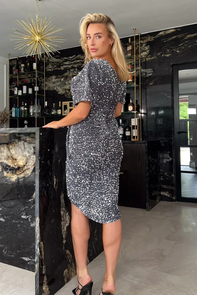 Novah Silver Velvet Sequin Wrap Detailing Midi Dress Women Girl In Mind Wrap Dresses
