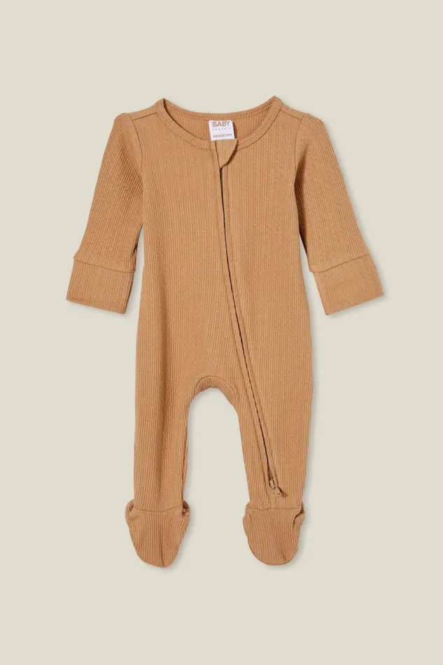 Organic Pointelle Zip All In One Romper Taupy Brown Baby Cotton On Rompers and Bubbysuits