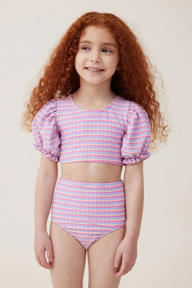 Paige Puff Sleeve Bikini Multi Stripe Girls Cotton On Swimwear