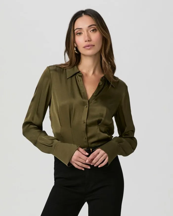 PAIGE Tops and Blouses Women Nelly Shirt 8211 Spanish Moss Satin PAIGE Tops and Blouses Women Nelly Shirt 8211 Spanish Moss Satin