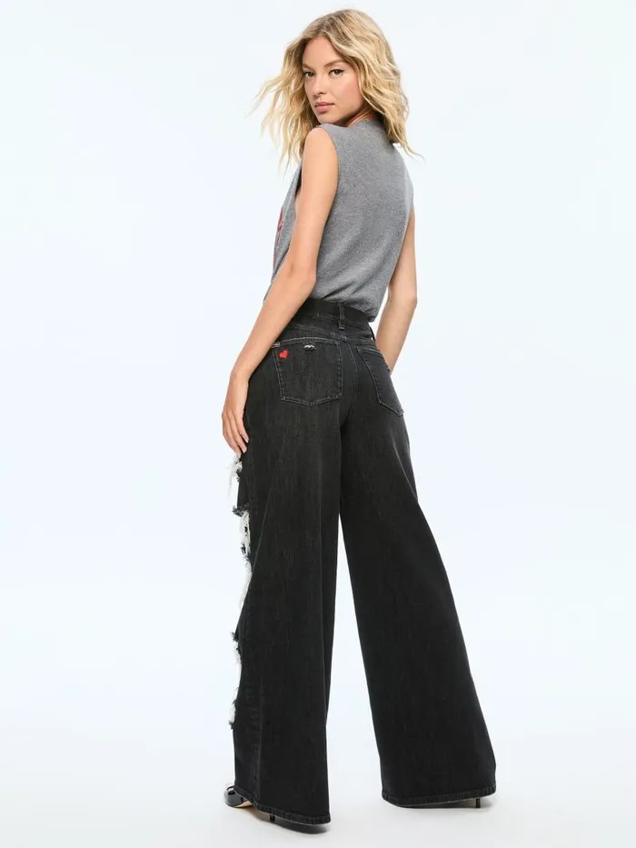 Pants Women Alice Olivia HARPER MID RISE SUPER BAGGY DISTRESSED JEAN Maya Charcoal Black