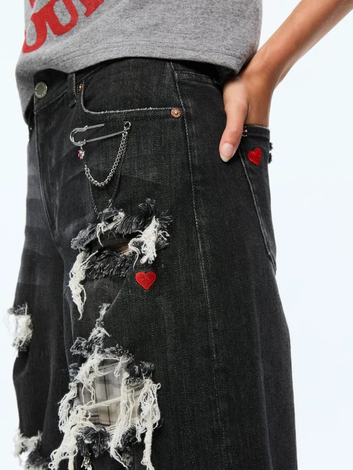 Pants Women Alice Olivia HARPER MID RISE SUPER BAGGY DISTRESSED JEAN Maya Charcoal Black
