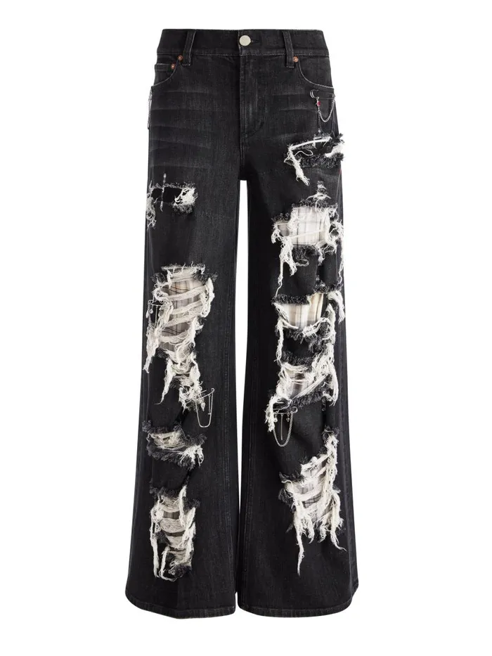 Pants Women Alice Olivia HARPER MID RISE SUPER BAGGY DISTRESSED JEAN Maya Charcoal Black