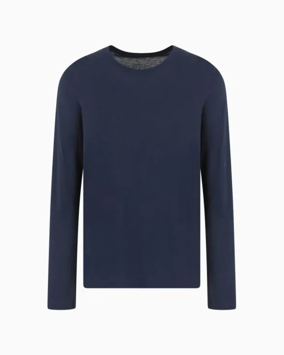Pima Cotton Long Sleeve TShirt Navyblue Men Armani Pima TShirts