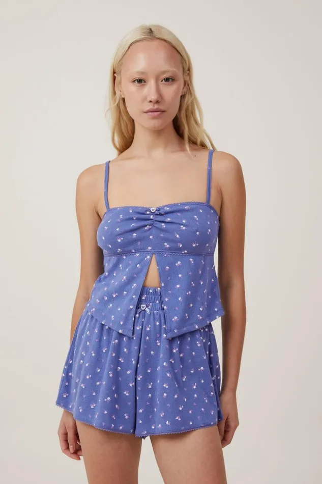 Pointelle Sleep Split Front Cami Blueberry Dream Carli Ditsy Floral Women Cotton On Tops