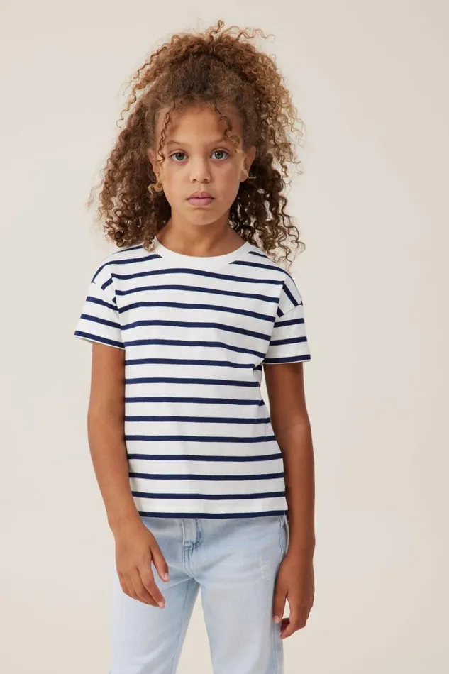 Poppy Short Sleeve Print Tee In The Navyvanilla Stripe Girls Cotton On Tops and TShirts Poppy Short Sleeve Print Tee In The Navyvanilla Stripe Girls Cotton On Tops and TShirts
