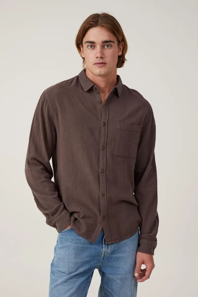 Portland Long Sleeve Shirt Rich Brown Cheesecloth Men Cotton On Shirts and Polos Portland Long Sleeve Shirt Rich Brown Cheesecloth Men Cotton On Shirts and Polos