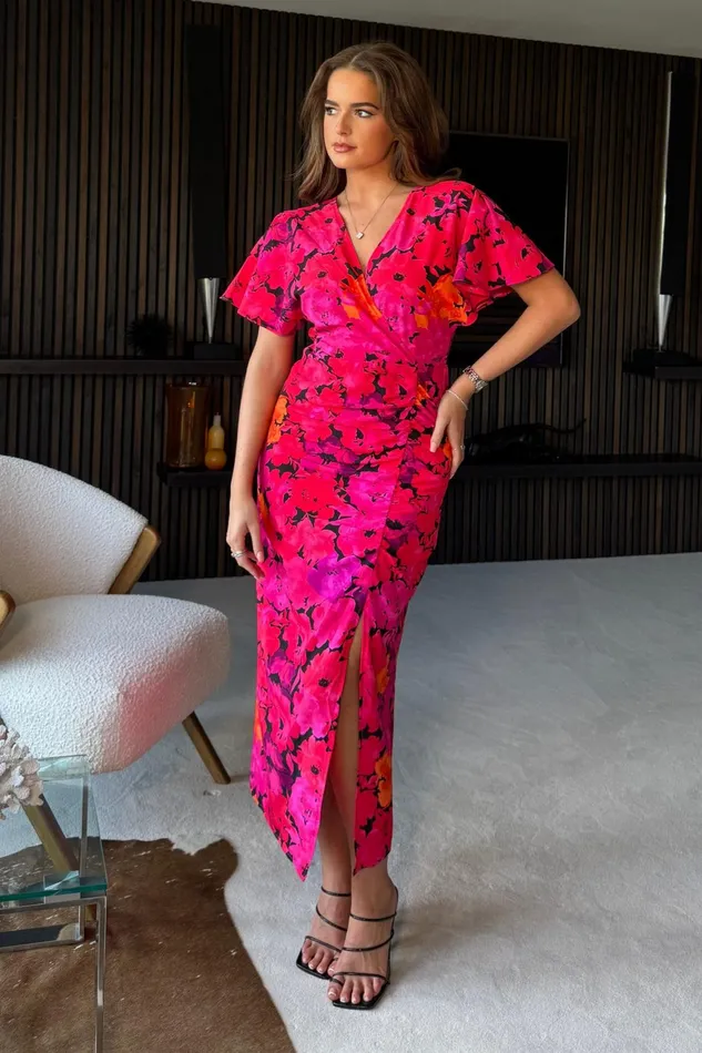 Priscilla Wrap Over Ruched Detail Midi Dress Pink Floral Women Girl In Mind Wrap Dresses Priscilla Wrap Over Ruched Detail Midi Dress Pink Floral Women Girl In Mind Wrap Dresses